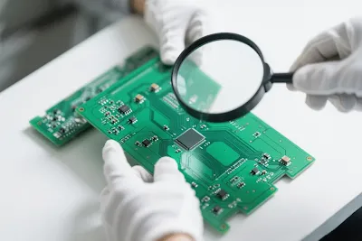Inspecting a PCB with a magnifying glass for defects