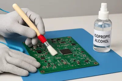 Hobbyist cleaning a THT PCB with a brush and isopropyl alcohol