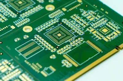 Close-up of a high-density PCB showing precise solder mask openings