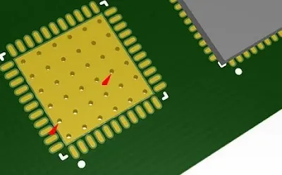 Close-up of thermal vias in a 6-layer PCB for heat dissipation