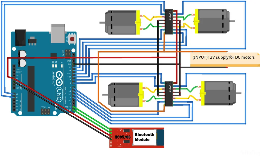 Wiring diagram showing connections between Arduino and motors