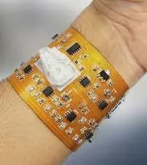 Annotated diagram of FR-4 board with Bluetooth, sensors, and thermal vias for fitness tracker