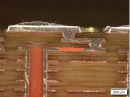 Microscope view of a microvia on an HDI PCB