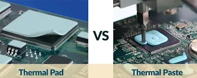 Thermal pad vs thermal paste comparison on electronic components.
