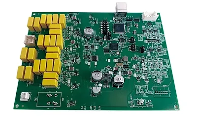 Photo of a heavy copper PCB mounted in an aircraft cockpit display unit, highlighting power layers and connectors