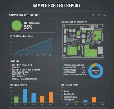 Sample ICT report dashboard showing 96% coverage, fault logs, and node access visualization