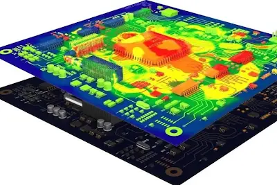 Thermal camera view showing heat distribution on a populated PCB