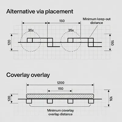 Layout examples showing alternative via placement and coverlay strategies for better flex PCB via protection, including minimum keep-out distances