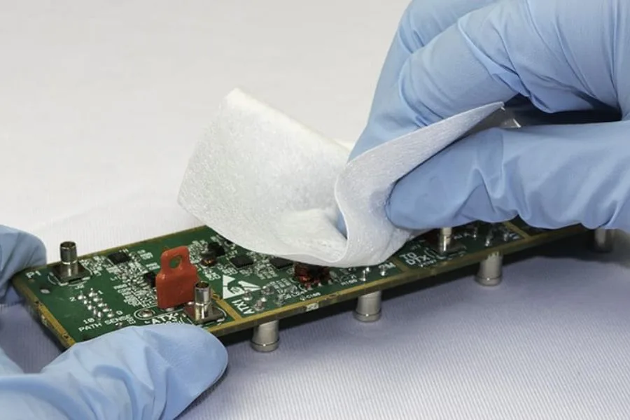 Technician cleaning PCB before conformal coating application