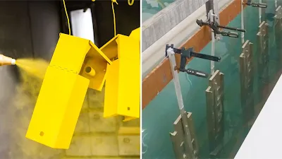 Before/after comparison of sheet metal enclosure panel with powder coated vs anodized finish, highlighting dimensional change at mounting holes and edge radii.