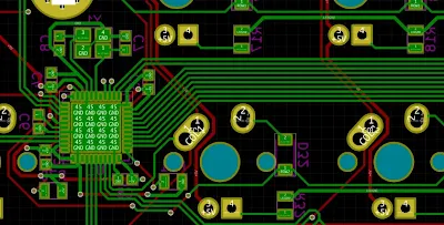 Zoomed view of PCB routing with vias and power planes in FR-4 board
