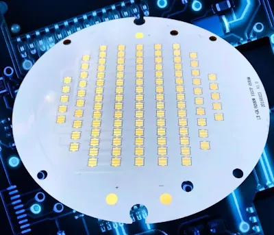 An aluminum PCB used as a substrate for high-power LED arrays, showcasing its thermal advantages