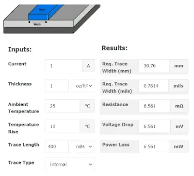 Screenshot of trace width calculation in PCB design software
