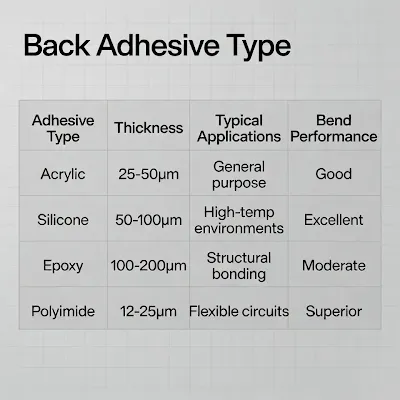 Table-style comparison of common back adhesive types, thicknesses, typical applications, and bend performance on FPC
