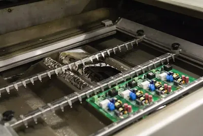 A wave soldering machine with conveyor and solder pot in operation