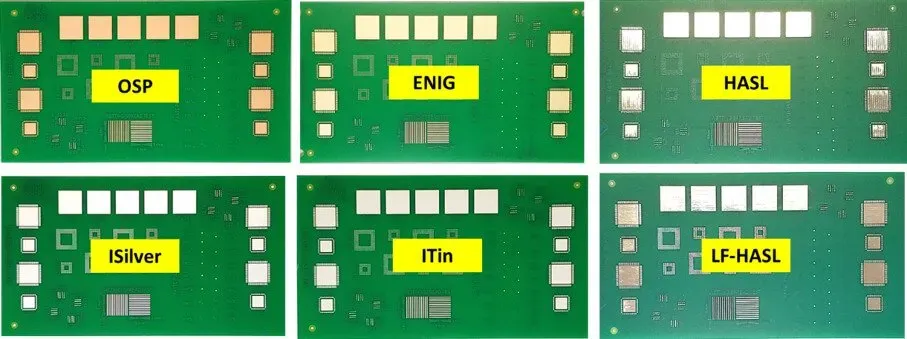 Microscopic view of ENIG, HASL, and OSP finishes on copper pads for mass production analysis