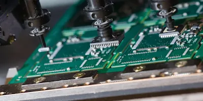 Automated pick and place machine placing components on a PCB
