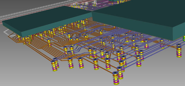 Detailed view of PCB traces with optimized routing paths