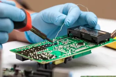 Etched view of SMT chip and through-hole pin on telecom multilayer PCB