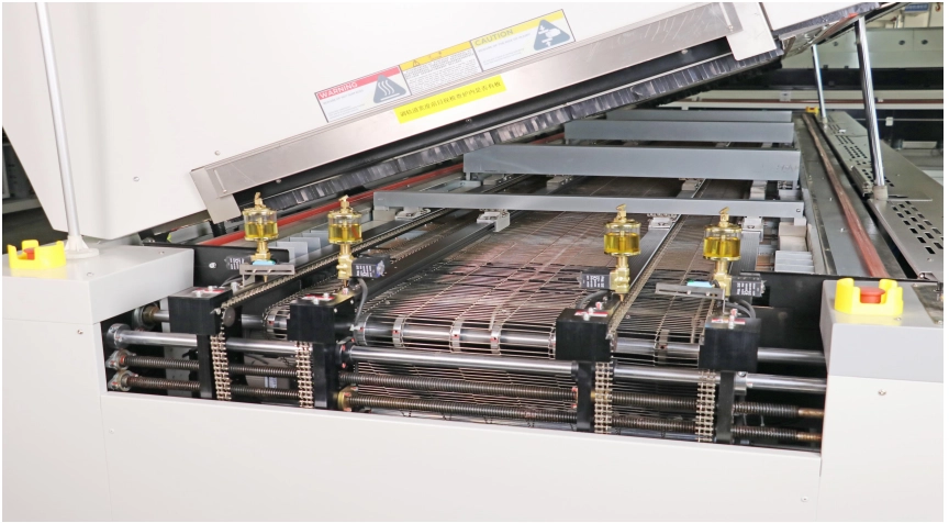 Reflow oven with PCB during soldering process