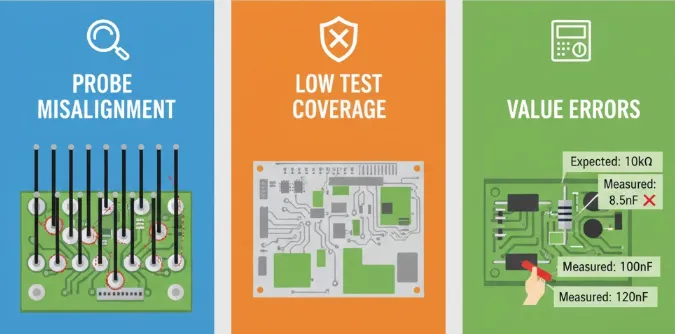 Infographic showing probe misalignment, low coverage, and value errors in PCB test fixtures