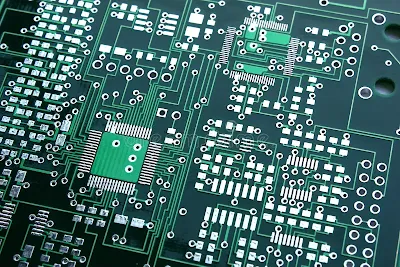 Close-up of a densely populated PCB with small components