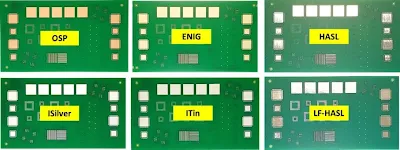 Close-up of various surface finishes including HASL, ENIG, and OSP on a PCB