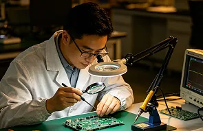 Engineer reviewing PCB design files