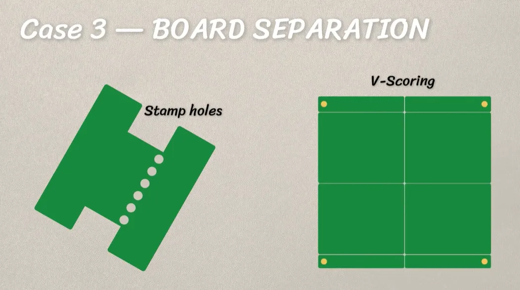 PCB V-cut versus stamp hole depanelization comparison showing residual web and mouse-bite tabs