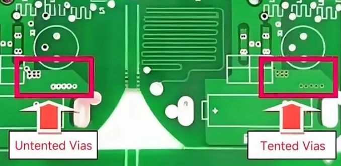 Tented vs Untented Vias on actual PCB board example for thermal management and SMT reliability.