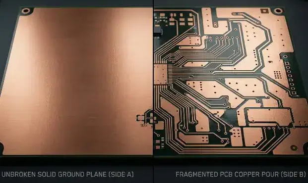 PCB copper pours thermal management comparison showing heat dissipation in ground plane vs. routed traces