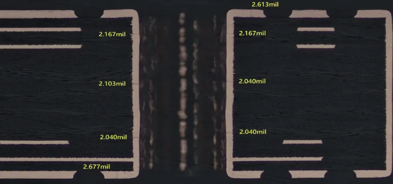 Microsection comparison of properly plated PCB vias versus defective vias showing thin copper and voids for reliability analysis