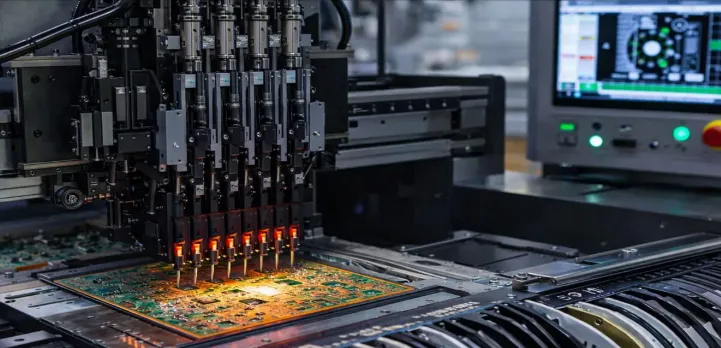 High-precision SMT pick-and-place system installing components on HDI PCB during automated assembly