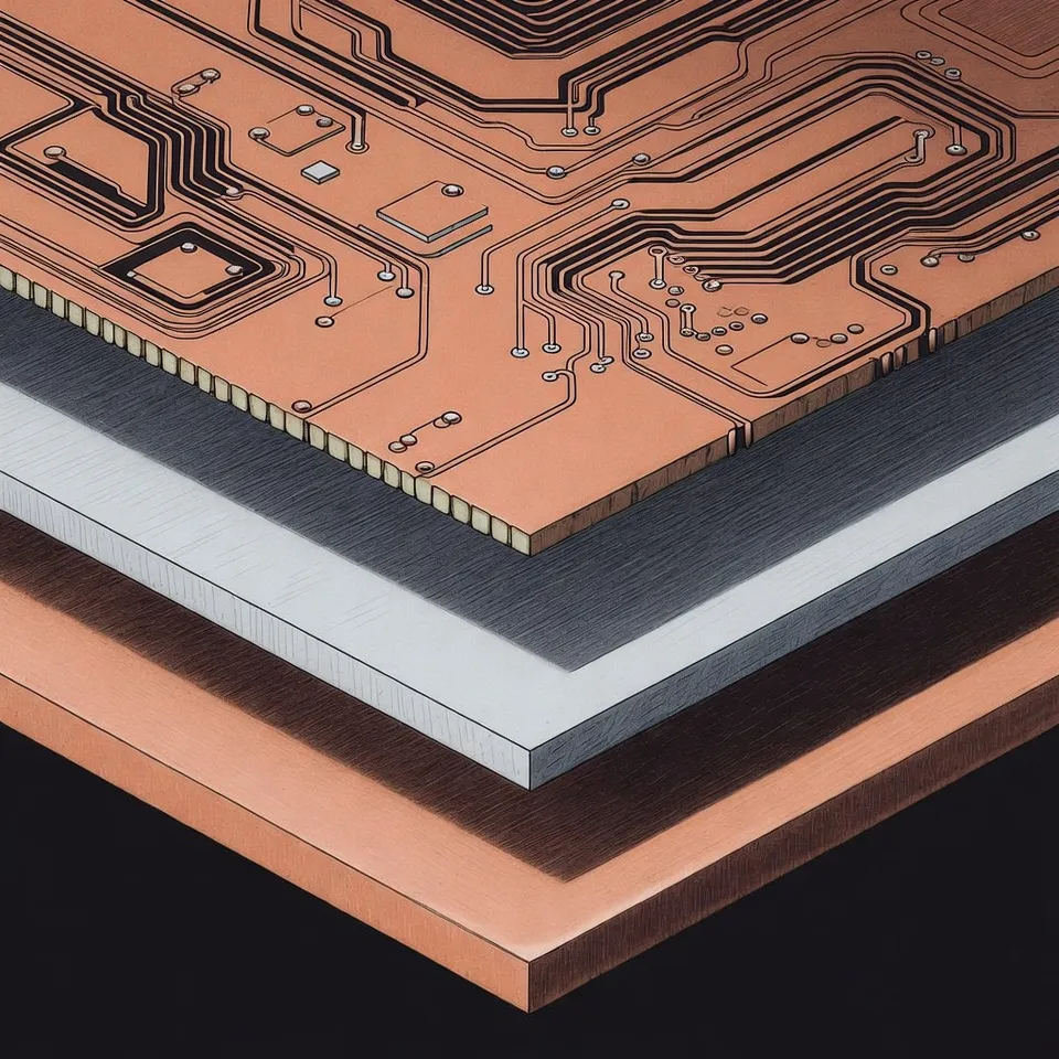 Copper core PCB three-layer construction: top copper circuitry, thin dielectric, thick solid copper base for thermal management