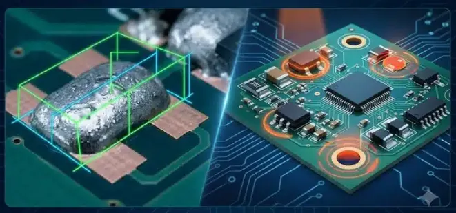Side-by-side comparison of solder paste volume defects detected by SPI and post-reflow soldering defects identified by AOI in PCBA manufacturing