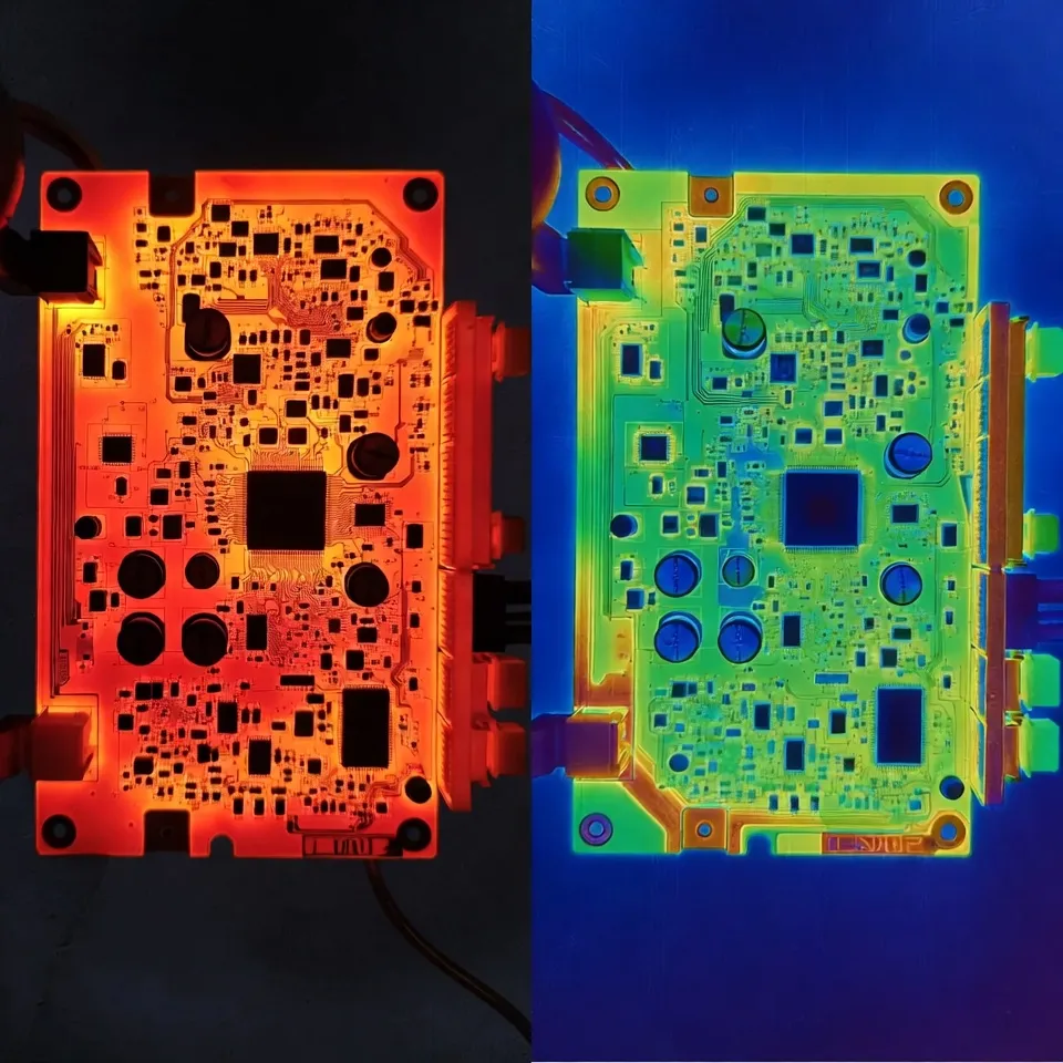 Thermal imaging showing temperature distribution differences between standard and heavy copper weight PCBs under high current