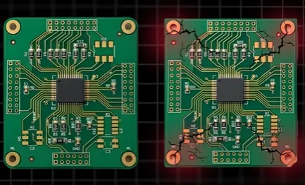 Comparison of sharp 90-degree PCB corner vs rounded radius showing stress concentration and crack initiation