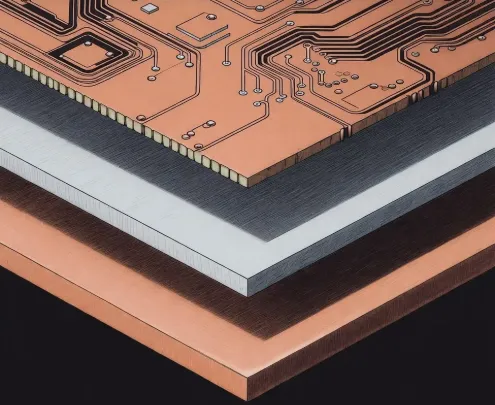 Copper core PCB three-layer construction: top copper circuitry, thin dielectric, thick solid copper base for thermal management