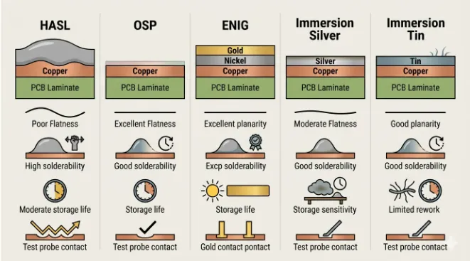 PCB surface finish selection chart comparing HASL, ENIG, OSP for cost, flatness, shelf life, and applications