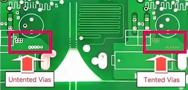 Tented vs Untented Vias on actual PCB board example for thermal management and SMT reliability.