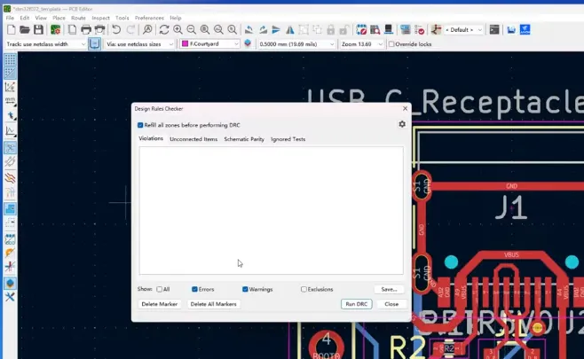 KiCad PCB Editor DRC report and closed Edge.Cuts board outline before AIVON plugin quote