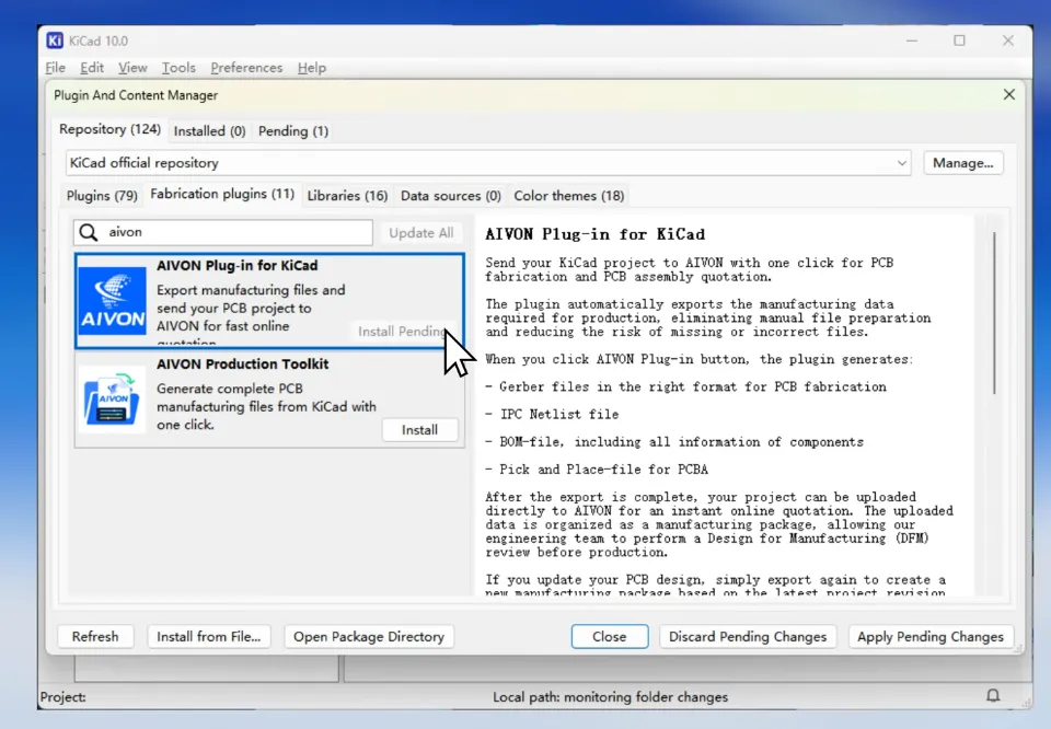 KiCad Plugin and Content Manager Fabrication Plugins tab showing AIVON install and Apply Pending Changes