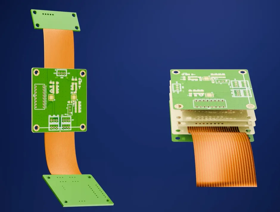 Rigid-Flex PCB transition zone cross-section illustrating continuous copper traces, adequate bend radius, and absence of vias in the flex region for improved mechanical reliability