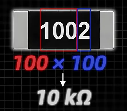 4-digit 1002 SMD resistors both reading 10k ohm on assembled PCB