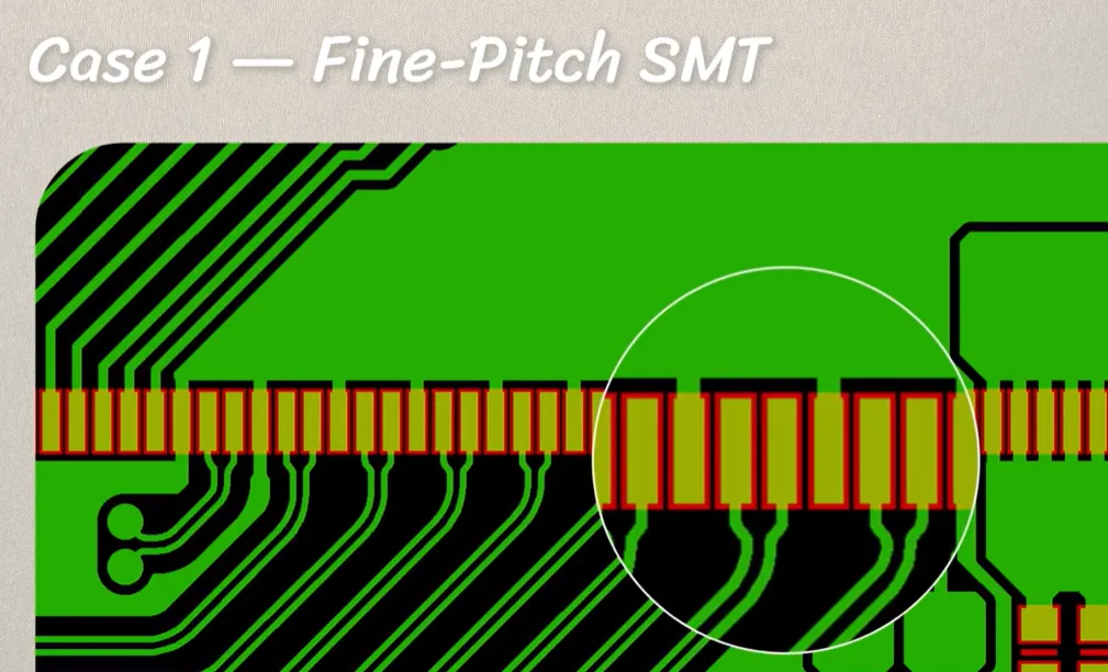 fine-pitch SMT pads with 2 mil and 5 mil clearance after solder mask expansion