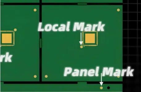 Global panel and local PCB fiducial mark placement on SMT assembly panel